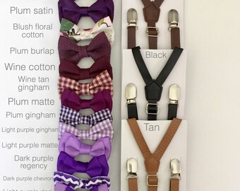 Purple bow tie mens eggplant bowtie leather suspenders wedding ring bearer outfit for boys kids toddler baby dog cat pet groomsmen gift plum