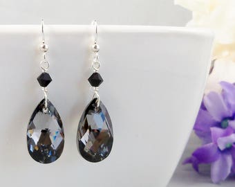 Black & Grey Crystal Teardrop Earrings, Swarovski Silver Night and Sterling Silver Handmade Wedding Jewelry