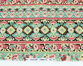 TWO Yards Pink, Brown and Aqua Cotton Fabric, Hi Fashion Border Print Fabric with Gold Highlights, Quiltsy Destash