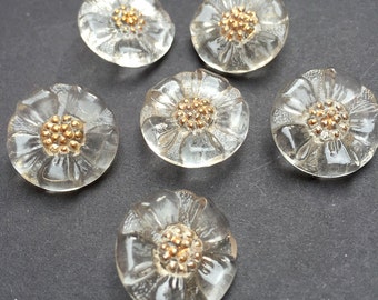 6 Pretty Vintage French 2cm Glass Flower Buttons