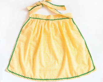 Vintage Yellow Checkered Apron, Green Edge Gingham 1950s Half Apron, Farmhouse Style Decor