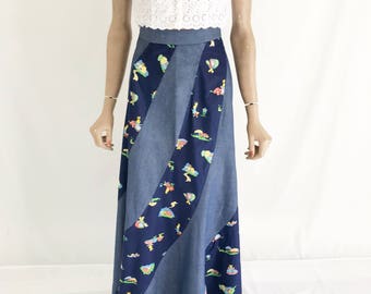 Vintage 70's Denim Hippie Boho Maxi Skirt