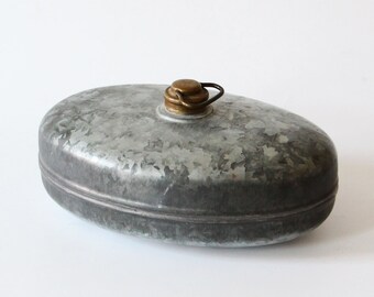 Antique water bottle, metal hot water bottle, zinc bed warmer, oval water bottle