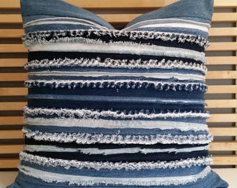 Denim Surf Indigo Blue and White Stripe Textured Throw Pillow Cover