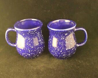 Pair Vintage Blue with White Speckles Pottery Mugs Rustic Primitive