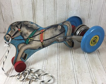 Vintage N N Hill Brass Co. Wooden Horse Pull Toy