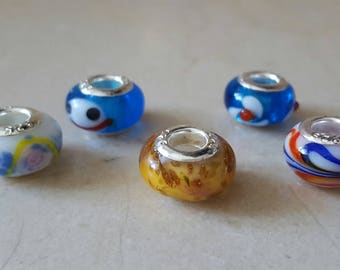 Set of 5 Lampwork Glass Beads and Silver 925/1000