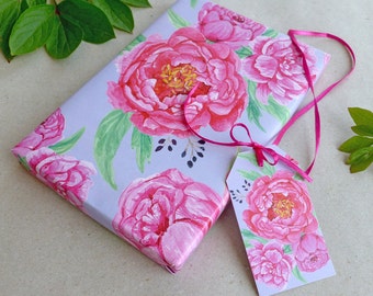 Set Geschenkpapier & Geschenkanhänger Pfingstrose / 3 x