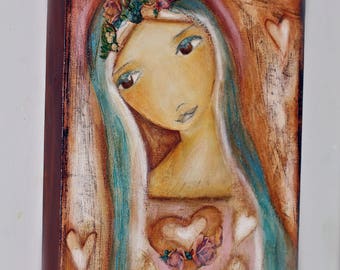 Heart of Mercy - Giclee print mounted on Wood (4 x 5 inches) Folk Art by FLOR LARIOS