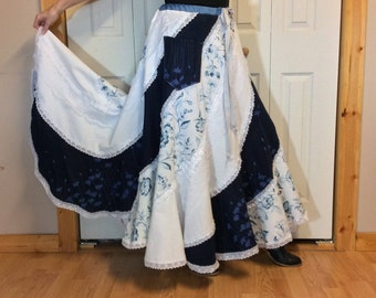 RESERVED Boho Floral Maxi Skirt with Pocket/Navy and White Skirt/Long Skirt/Upcycled Recycled Repurposed/Womens Spring Skirts/One Size L-XL