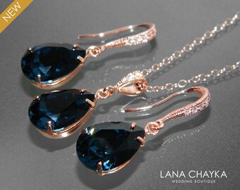 Navy Blue Rose Gold Jewelry Set Blue Earrings&Necklace Bridal Set Swarovski Montana Pink Gold Jewelry Set Prom Dark Blue Jewelry Bridesmaids