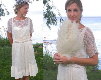 1920s Flapper Dress, 20s Dress, Silk and Lace Bohemian Wedding Dress, Downton Abbey Great Gatsby Dress Small