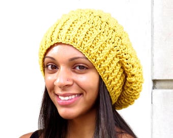 Crochet Slouchy Hat, Tam Hat, Hippie Hat, Oversize Hat, Color is Mustard,