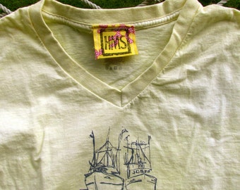 Nautical Boats Silkscreen Printed Purple and Dyed Light Yellow Adult T-Shirt, Cotton Unisex V-neck, Size Medium