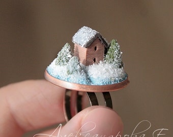 House ring - Winter ring - Landscape ring - Polymer clay miniature - Snow ring - Tiny house - Sweet House - Little House ring - micro house