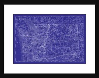 Washington State Map Vintage Print Poster Blueprint