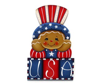 USA Ginger Fridge Magnet, Shelf Sitter, or Ornament, Handpainted Wood Gingerbread Refrigerator Magnet, Hand Painted Americana Ginger