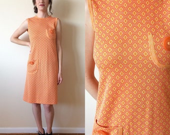 Orange and Yellow Circle Late 60s Pocket Dress