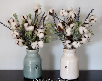Rustic Farmhouse Cotton Stem Arrangement in Ceramic Vase