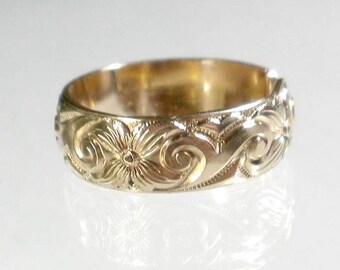 Gold Band Ring Wide Band Ring Adjustable Ring Gold Patterned Gold Ring
