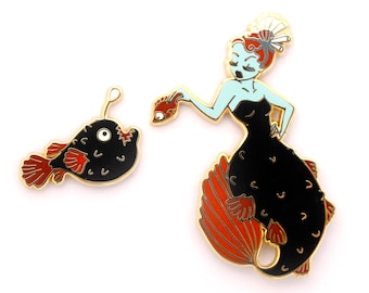Anglerfish Mermaid Pin Set (anglerfish pin mermaid enamel pin creepy mermaid hard enamel pin lapel pin badge deep sea jewelry backpack pins)