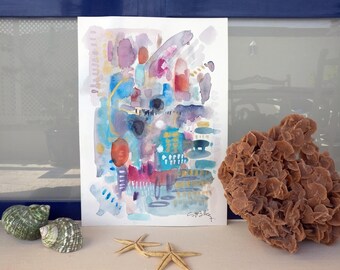 Painting on turquoise paper. Abstract art.