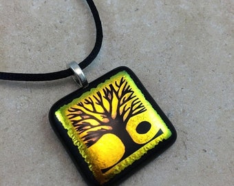 ON SALE Tree of Life Necklace, Tree Pendant, Gold Yellow Dichroic Pendant, Fused Glass Jewelry, Dichro Glass Jewelry, Dichroic Pendant - HEA