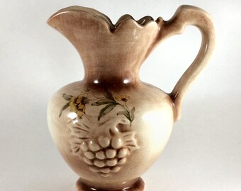 Brown Water Pitcher with Yellow Flowers and Grapes