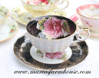 TEA CUP, Mid Century, Opalescent, Porcelain Footed Tea Cup and Saucer, Lusterware by Royal Halsey, Replacement China