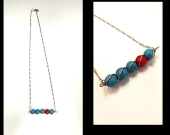 Turquoise and Red turquoise wire wrapped pendant necklace