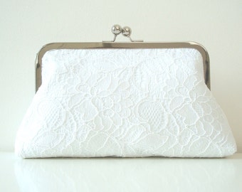 White Bridal Wedding Clutch Purse Lace Satin Something Blue Large Size purse Ready to Ship Made in England UK
