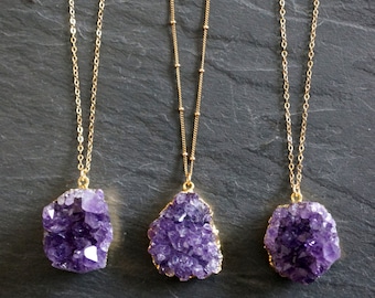 Amethyst Necklace / Amethyst Jewelry / Druzy Necklace / February Birthstone / Raw Crystal Necklace / Gold Amethyst Druzy