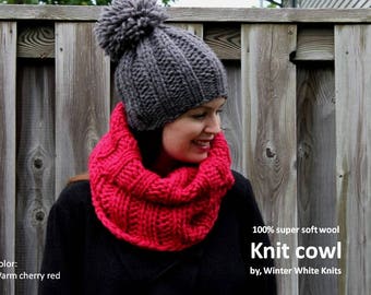 Wool cowl, knitted cowl, knit snood, winter cowl, cherry red knit cowl