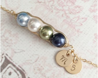 Personalized 4 Peas in a Pod Bracelet - Hand Stamped Initial Bracelet - Mom Bracelet - Wire Wrapped Gold Bracelet - Two Discs - Two Initials