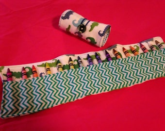 Crayon Roll Up Holder Case Alligators Handmade Holds 16 Crayons