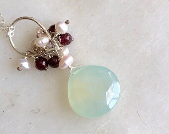 Gemstone Necklace, Aqua Chalcedony, Garnet, Garnet and Pearls Necklace, Genstone Silver , Gift For Mom