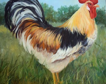 White Black Gold Rooster Painting,Kitchen Wall Art,Original Canvas Oil Painting by Cheri Wollenberg