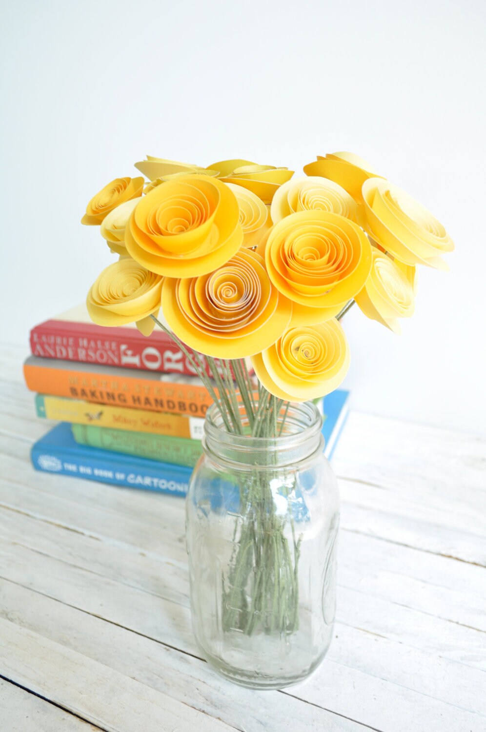 24 Yellow Paper Flowers on Stems Bouquet of Paper Flowers