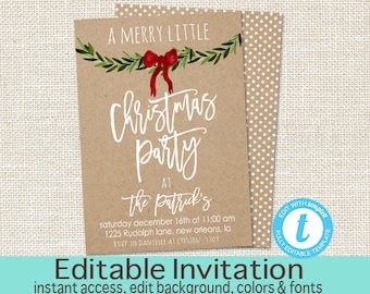 Christmas Party Invitation, Editable Christmas Party template, Merry little Christmas Invitation, Kraft, winter, templett, Instant Download