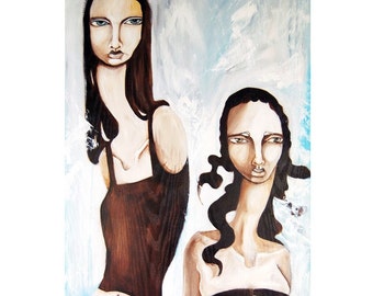 A Lackluster Reconciliation 5x10" Matted Archival PRINT of an original Ela Steel painting - Sad melancholy girls corset ladybugs brown blue