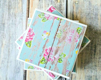 Distressed Wood Coasters – Aqua Coasters – Gift for New Home – Rose Coasters – Ceramic Tile Coasters – Table Coasters – Gift for Mom
