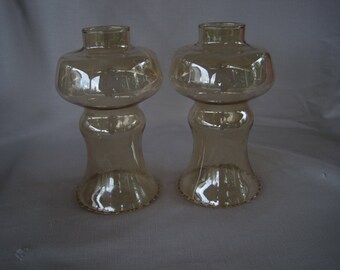 Pair of Amber Glass Chimneys for Hurricane Lamps