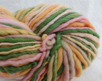 Handspun Art yarn pink green hand dyed bulky knitting supplies crochet supplies Waldorf doll hair wool newborn baby photo prop