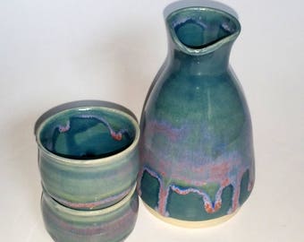 Sake Set with Two Cups in Teal, Green, Blue and Pink - Wheel Thrown Pottery - Microwave and Dishwasher Safe