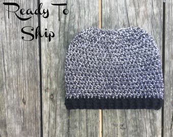 Messy Bun Beanie - Ready To Ship - Black Messy Bun - Crochet Messy Bun Beanie - Messy Bun Crochet Bun Hat - Ponytail Beanie