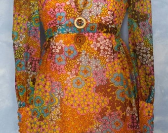 1960s Vintage Lana Flower Power Empire Waist Chiffon Poof Sleeve Hippie Dress