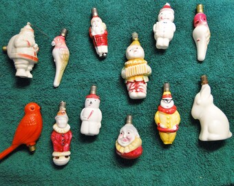 12 Vintage Christmas Figural Light Bulbs - 12 Scarce Christmas Figural Bulbs - (10 Glass 2 Plastic) - Great Old Group!