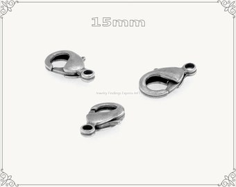 20 pc.+ 15mm Solid Brass Lobster Claw Clasp - Antique Silver color