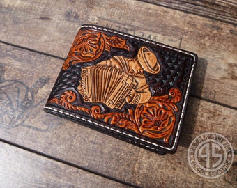 Leather billfold wallet,handmade,hand carved