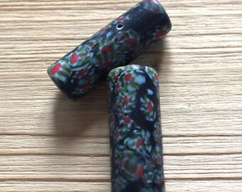 Green, black and red millefiori tube beads